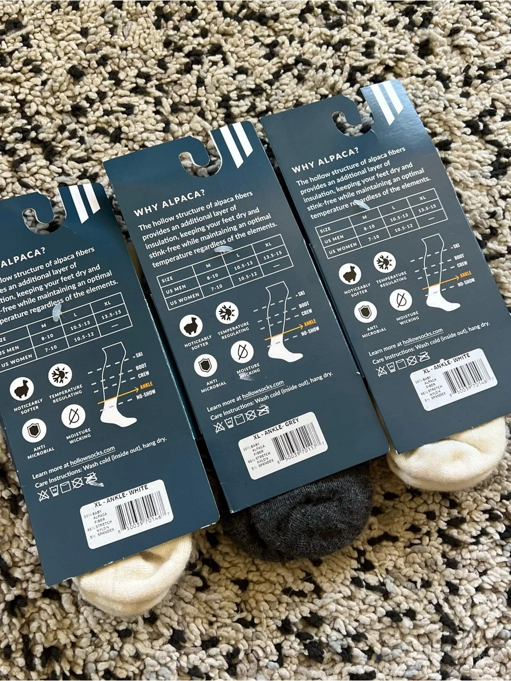 Hollow Alpaca Ankle Socks Lot of 3 Pair White Grey Size XL